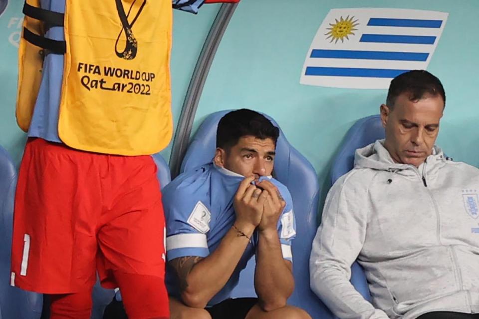 Luis Suarez of Uruguay reacts on the bench (EPA)