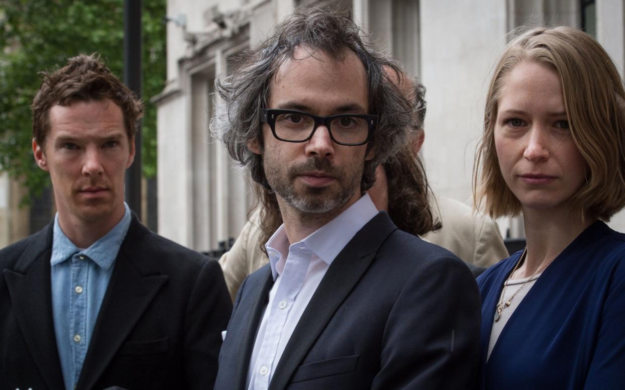 James Rhodes (centre) leaves the Supreme Court in London with second wife Hattie Chamberlin and actor Benedict Cumberbatch - PA