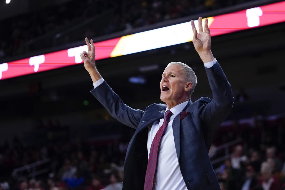 Southern California head coach Andy Enfield reacts during the second half of an NCAA college basketball game against Cal State Bakersfield, Thursday, Nov. 9, 2023, in Los Angeles. (AP Photo/Ryan Sun)