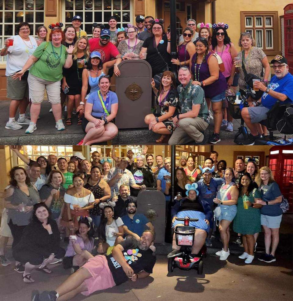 Two photos of big groups of people posing with a trash can in Disney World
