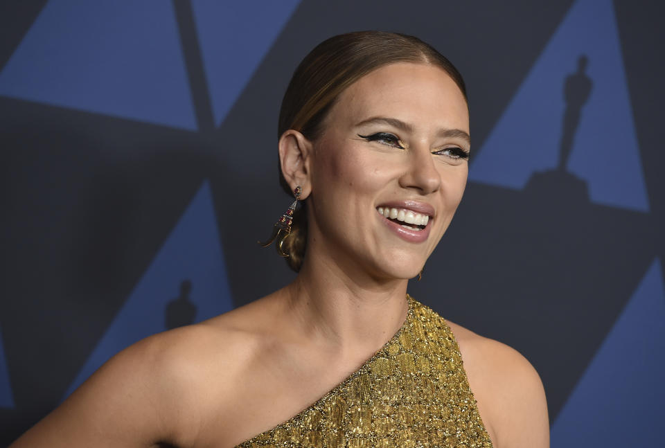 Scarlett Johansson arrives at the Governors Awards on Sunday, Oct. 27, 2019, at the Dolby Ballroom in Los Angeles. (Photo by Jordan Strauss/Invision/AP)