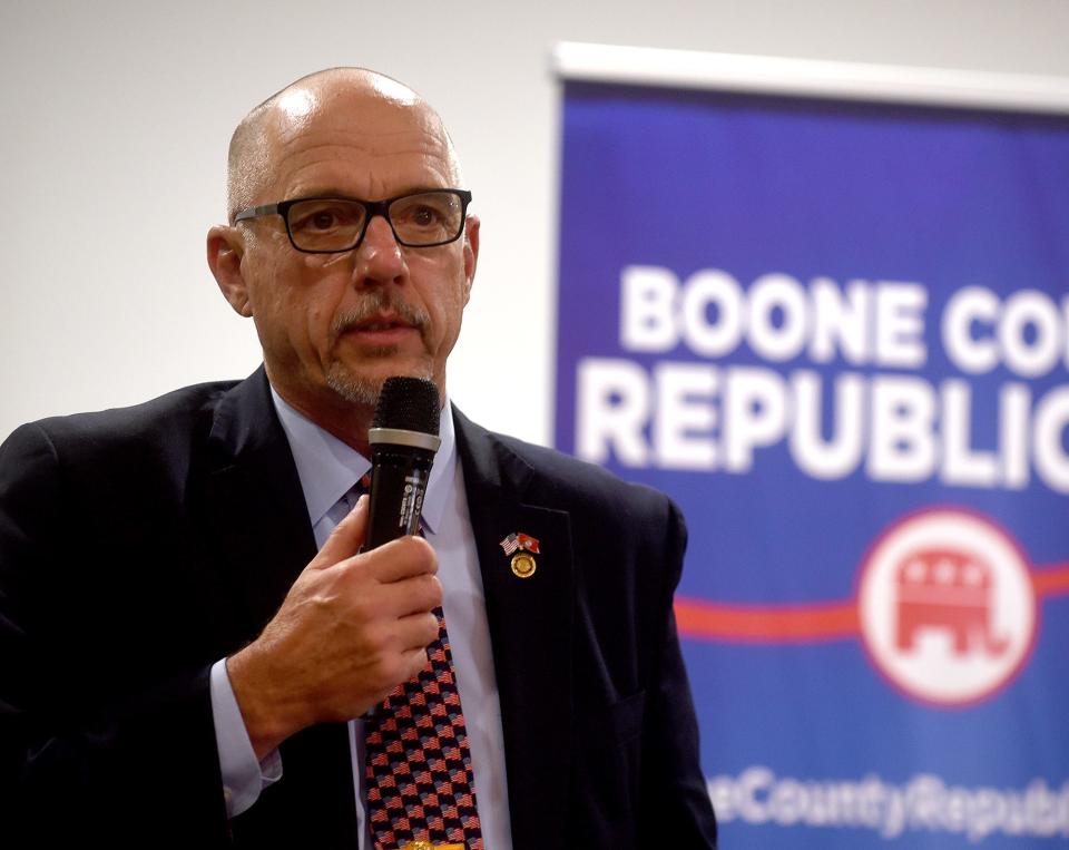 Missouri House Rep. Chuck Basye, R-Rocheport, thanks his supporters Nov. 3, 2020, at the Boone County Republican election watch party at the Stoney Creek Inn after winning his race.
