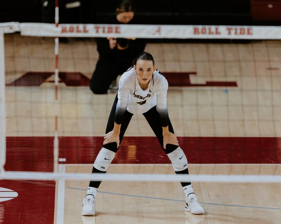 Missouri junior rightside hitter Jordan Iliff gets set for a play during a game at the University of Alabama on Oct. 11, 2023, in Tuscaloosa, Ala.