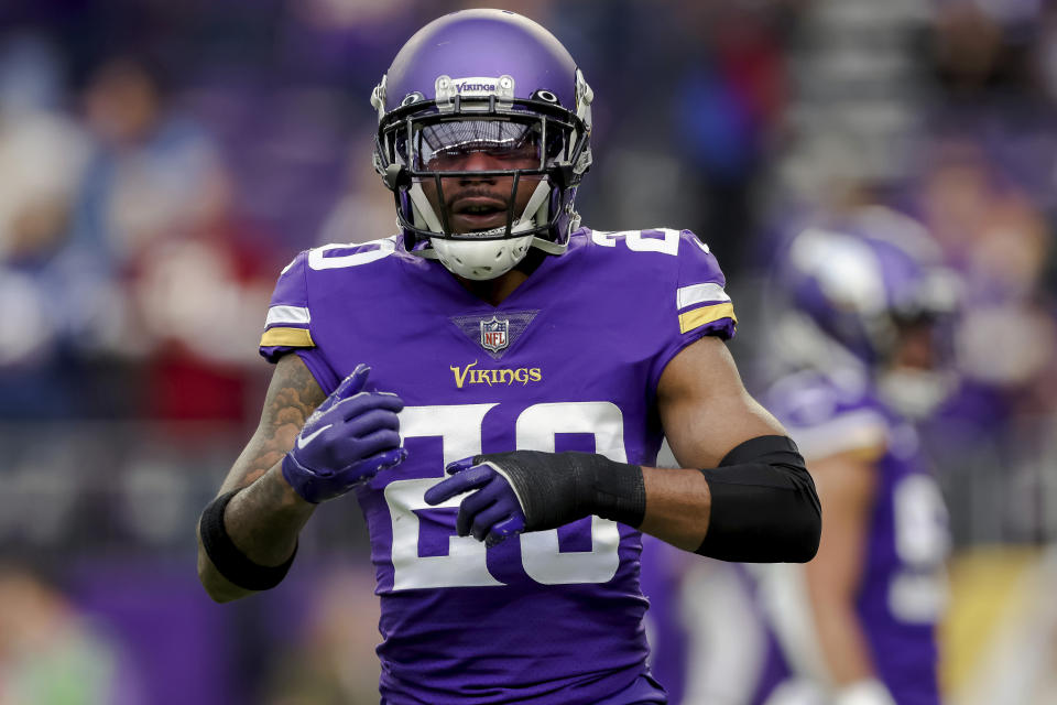 FILE - Minnesota Vikings cornerback Duke Shelley (20) on the field before an NFL football game against the Indianapolis Colts, Saturday, Dec. 17, 2022 in Minneapolis. The Vikings are entering free agency with a salary cap crunch and pressing needs yet again at a vital position. Their top three cornerbacks from last season are all hitting the market: Patrick Peterson, Duke Shelley and Chandon Sullivan. (AP Photo/Stacy Bengs, File)