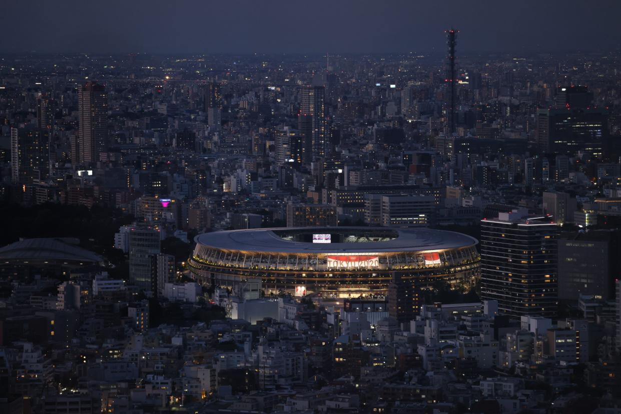 Tokyo Olympic Stadium is pictured from Shibuya Sky Deck on July 22, 2021 in Tokyo, Japan.