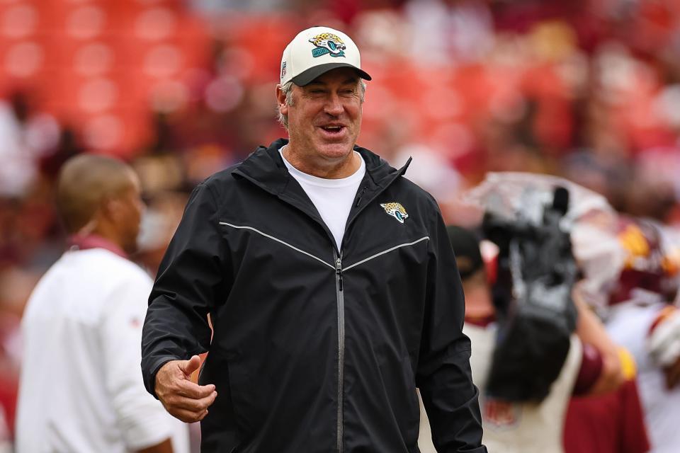 Sep 11, 2022; Landover, Maryland, USA; Jacksonville Jaguars head coach Doug Pederson looks on before the game against the Washington Commanders at FedExField. Mandatory Credit: Scott Taetsch-USA TODAY Sports