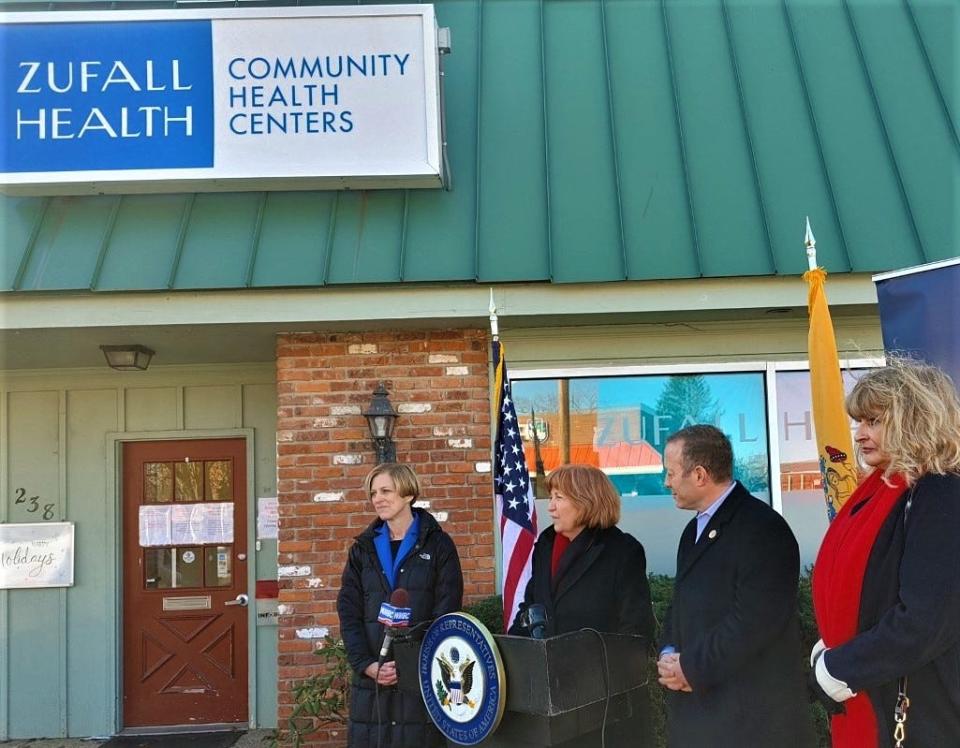 Shade Cronan of the Zufall Foundation, Eva Turbiner, CEO of Zufall, Congressman Josh Gottheimer, D-5, and Vanessa Galante, of USDA Rural Development, during a ceremony Tuesday, Dec. 20, 2022, announcing the congressman has obtained a $315,000 grant to purchase a new drug delivery van and pay for a driver and two pharmacists for three years. The clinic will be able to deliver prescriptions directly to clients in Sussex County, many of whom have no readily available transportation.