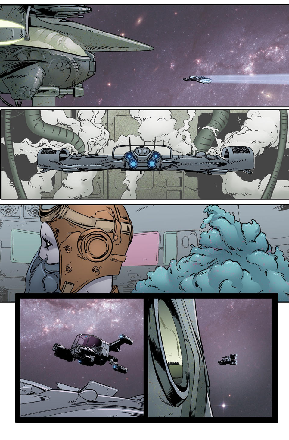 several comic book panels showing a small spaceship docking with a larger one