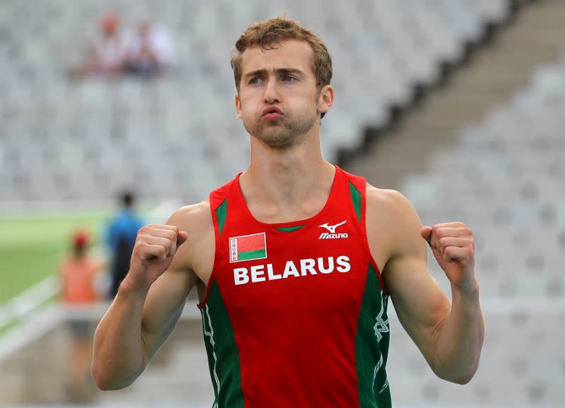 FILE PHOTO: Krauchanka of Belarus reacts during the pole vault event of the men's decathlon at the at the European Athletics Championships in Barcelona