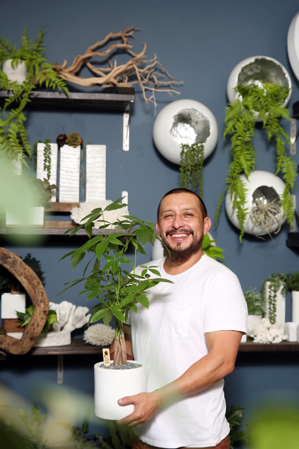 Felix Navarro holds a money tree inside the Juicy Leaf.