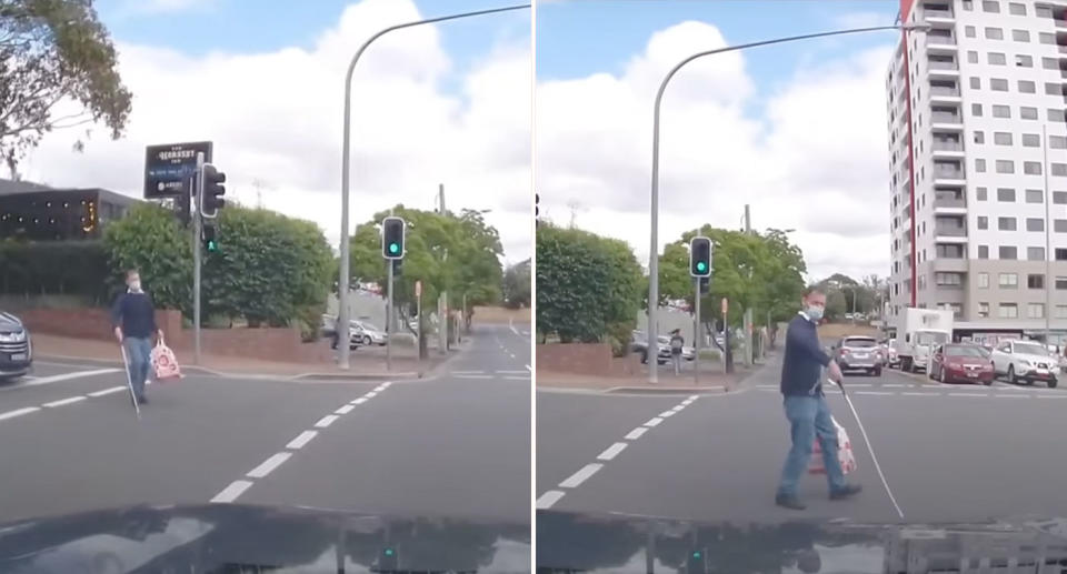 A blind man veered away from the pedestrian crossing and into oncoming traffic near Westfield Hornsby. Source: Dash Cam Owners Australia