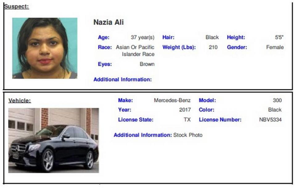 The suspect wanted in connection to the abduction of her children in Collin County on Dec. 20, 2023, is 37-year-old Nazia Ali, authorities say. The suspect vehicle is a black 2017 Mercedes 300 with the Texas license plate NBV-5334.