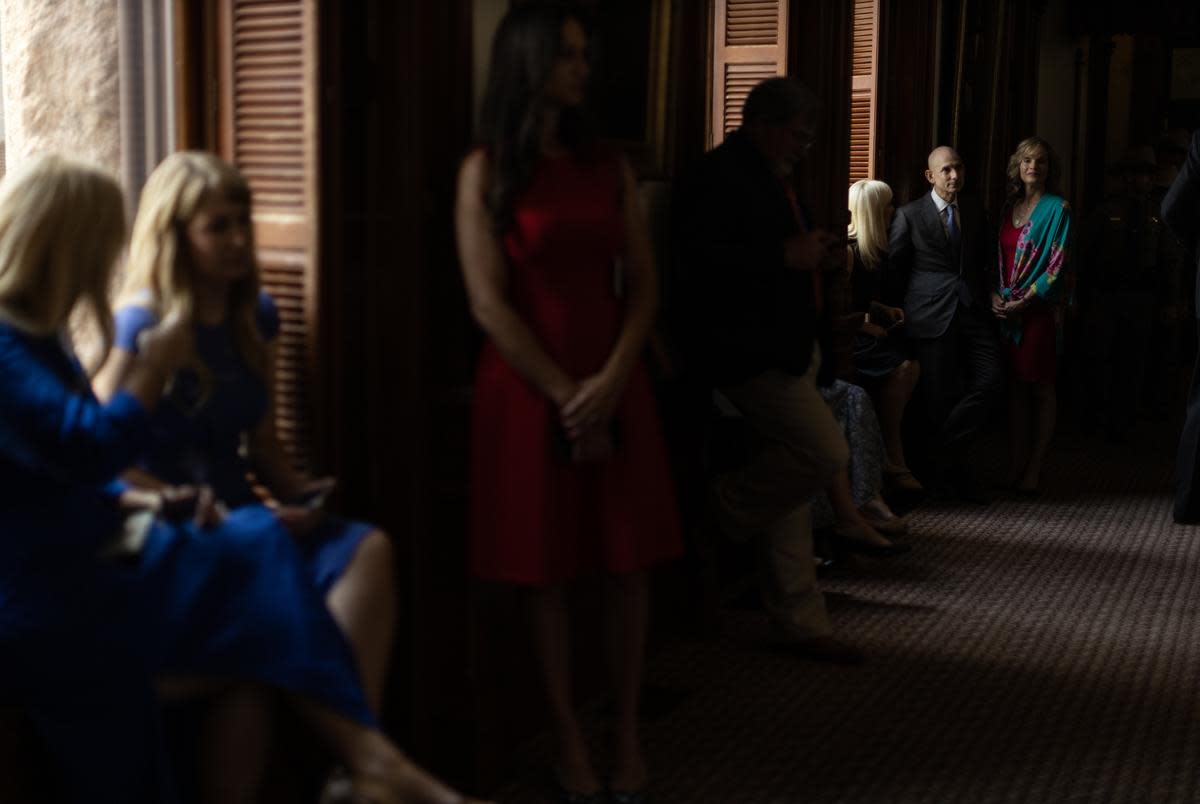 State Rep. Greg Bonnen and his wife Kim Bonnen on the House floor during Sine Die, the last day of the 88th Texas Legislative Session, at the Capitol in Austin on May 29, 2023.
