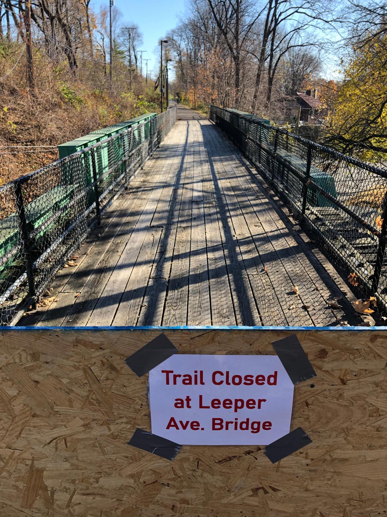 The East Bank Trail bridge over Leeper Avenue in South Bend remains closed, awaiting repairs, as seen here in November 2023.