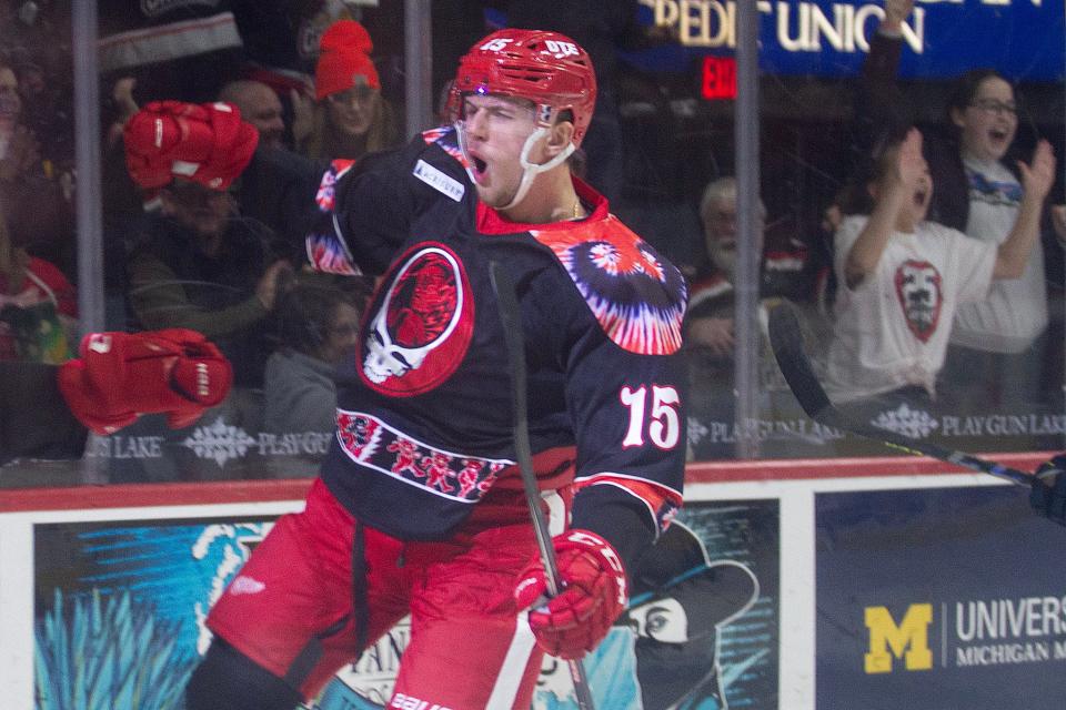 Former Detroit Red Wings forward Jakub Vrana celebrates a goal with the Grand Rapids Griffins, January 21, 2023  at Van Andel Arena in Grand Rapids, Michigan.