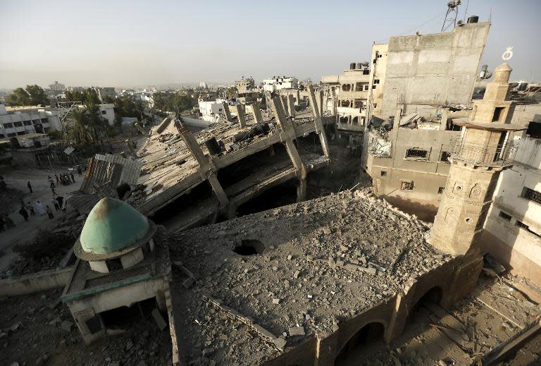 A general view shows heavy damage at the historical al-Omari mosque in Jabalia in the northern Gaza Strip, on August 2, 2014