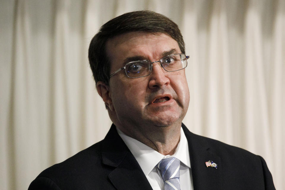 FILE - In this July 7, 2020 file photo, Secretary of Veterans Affairs Richard Wilkie speaks at the National Press Club in Washington. Confronted with a sexual assault allegation at a veterans hospital, Veterans Affairs Secretary Robert Wilkie repeatedly sought to discredit the female congressional staffer who made the complaint. His staff also worked to spread negative information about her while ignoring known problems of harassment at the facility. That's according to a blistering investigation released Thursday by VA's internal watchdog. (AP Photo/Jacquelyn Martin)