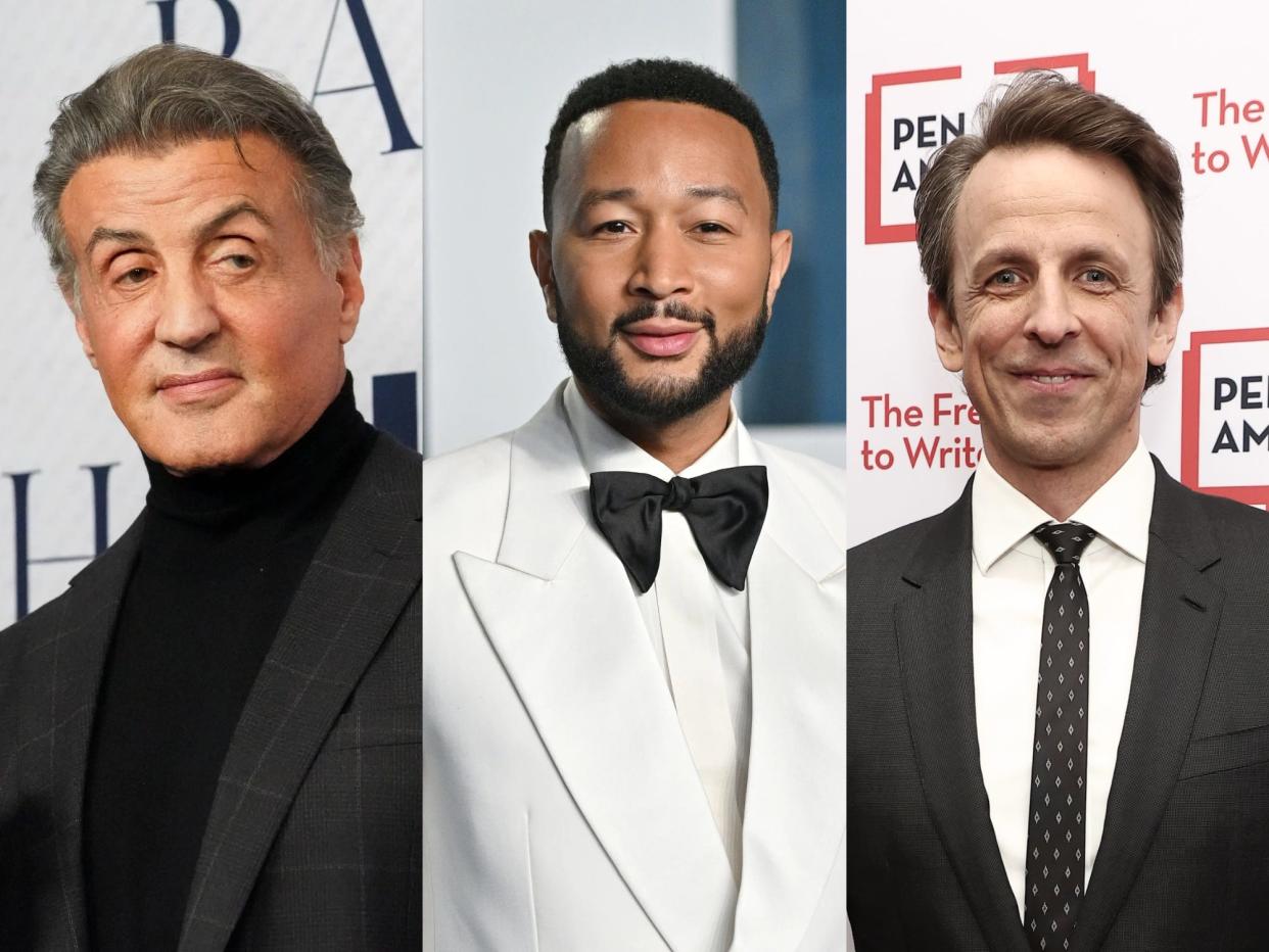 Sylvester Stallone, John Legend, and Seth Meyers.