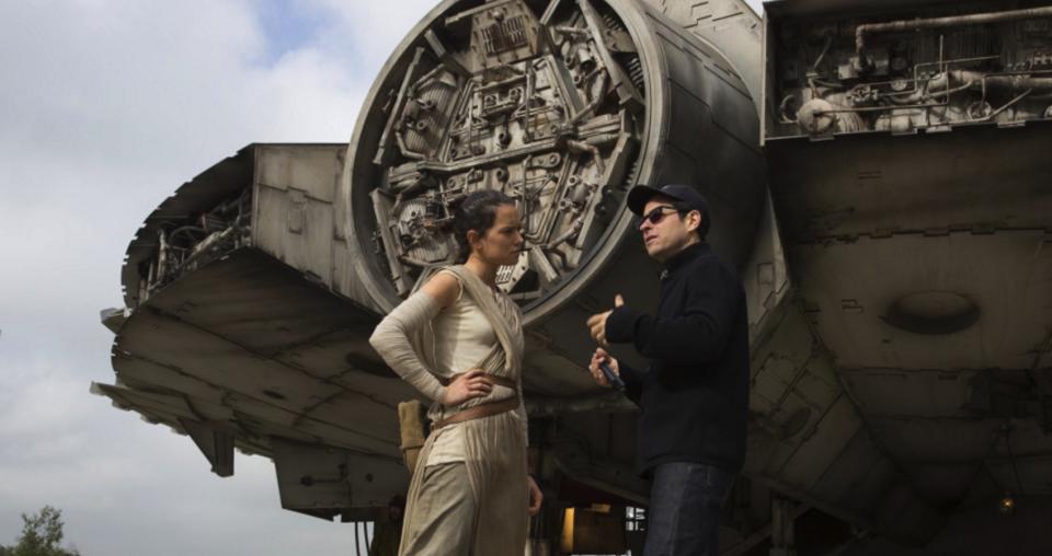 Daisy Ridley and J.J. Abrams on the set of <i>Star Wars: The Force Awakens.</i> (Photo: Lucasfilm)