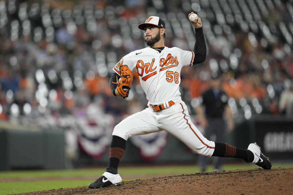 Baltimore Orioles relief pitcher Cionel Perez throws to an Oakland Athletics batter during the eighth inning of a baseball game Wednesday, April 12, 2023, in Baltimore. The Athletics won 8-4. (AP Photo/Jess Rapfogel)