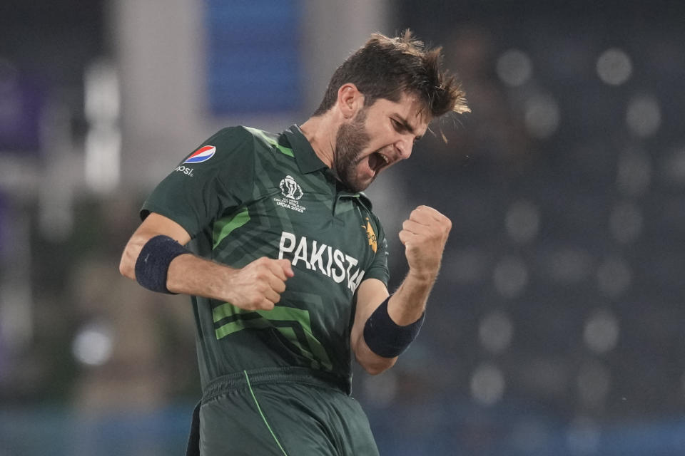 Pakistan's Shaheen Afridi celebrates the dismissal of Netherlands' Saqib Zulfiqar during the ICC Men's Cricket World Cup match between Pakistan and Netherlands in Hyderabad, India, Friday, Oct. 6, 2023. (AP Photo/Eranga Jayawardena)