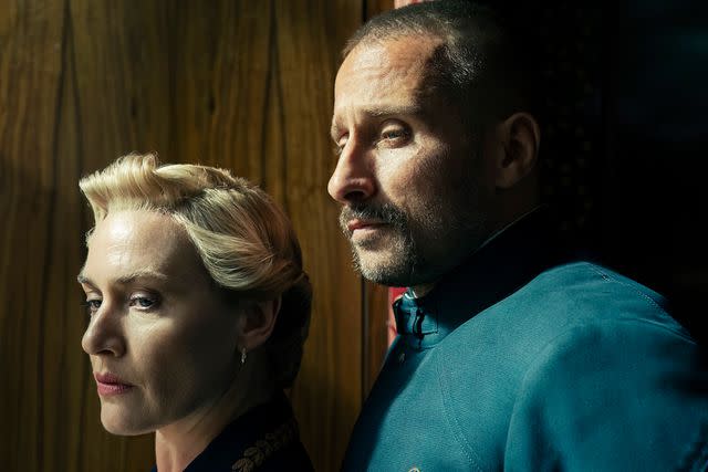 <p>Miya Mizuno/HBO</p> Kate Winslet and Matthias Schoenaerts in 'The Regime.'