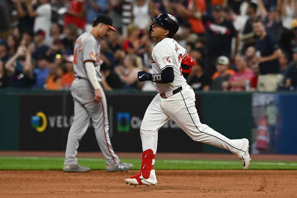 Aug 1, 2024; Cleveland, Ohio, USA; Cleveland Guardians catcher Bo Naylor (23) rounds the bases after hitting a home run during the seventh inning against the Baltimore Orioles at Progressive Field. Mandatory Credit: Ken Blaze-USA TODAY Sports