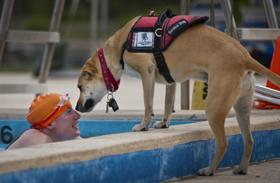 Melissa Gonzales, an Air Force Wounded Warrior athlete, shares a moment with her service dog, Bindi, after swimming laps during the fourth day of an introductory adaptive sports and rehabilitation camp at Eglin Air Force Base in Florida on April 16, 2015.