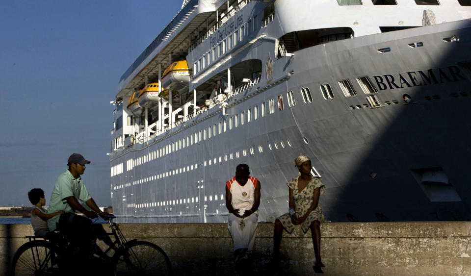 FILE - In this April 14, 2008 file photo, the Fred Olson Cruise Liner Braemar is docked at the port in Havana, Cuba. On Thursday, Feb. 27, 2020 the Dominican Republic turned back the Braemar because some on board showed potential symptoms of the new coronavirus COVID-19. (AP Photo/Ramon Espinosa, File)