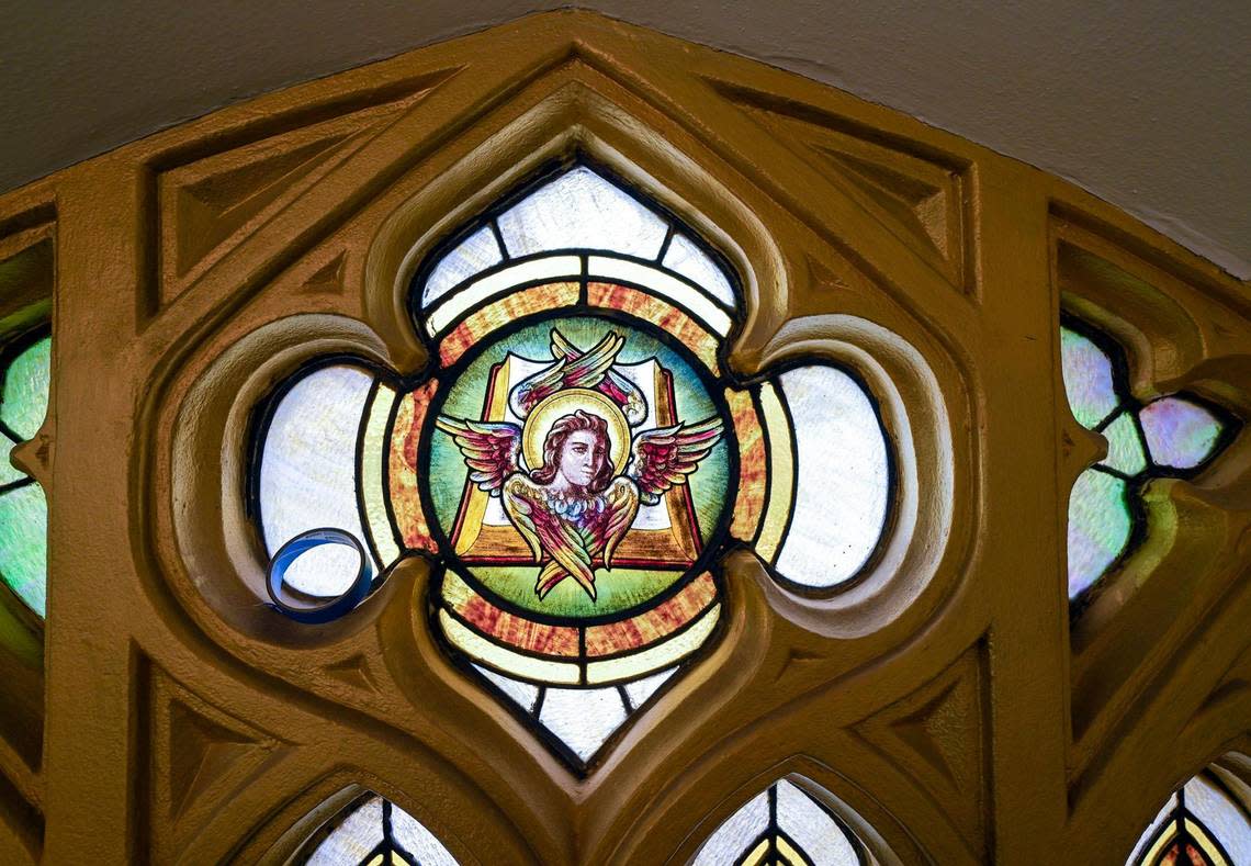 Stained glass inside the former Broadway Baptist Church being renovated by developer Johnny Youssef into a luxury wedding venue.
