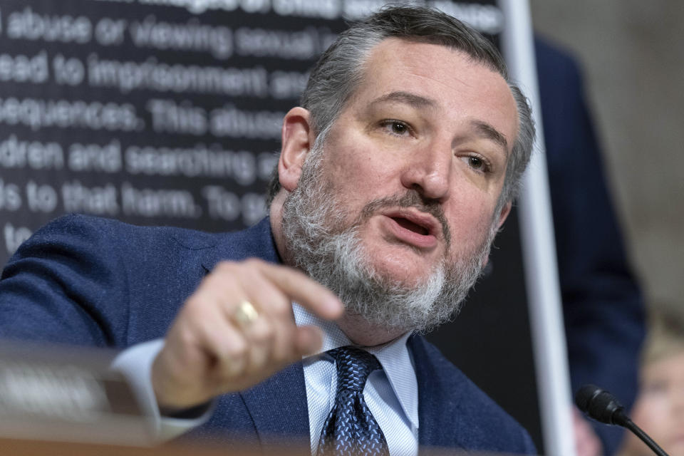 Texas Republican Sen. Ted Cruz questions Meta CEO Mark Zuckerberg during the Senate Judiciary Committee's hearing on online child safety on Wednesday. 