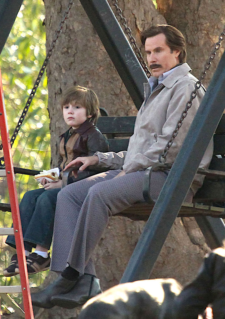 Will Ferrell filming scenes on the set of 'Anchorman 2: The Legend Continues' at Piedmont Park in Atlanta, Georgia on March 27, 2013.