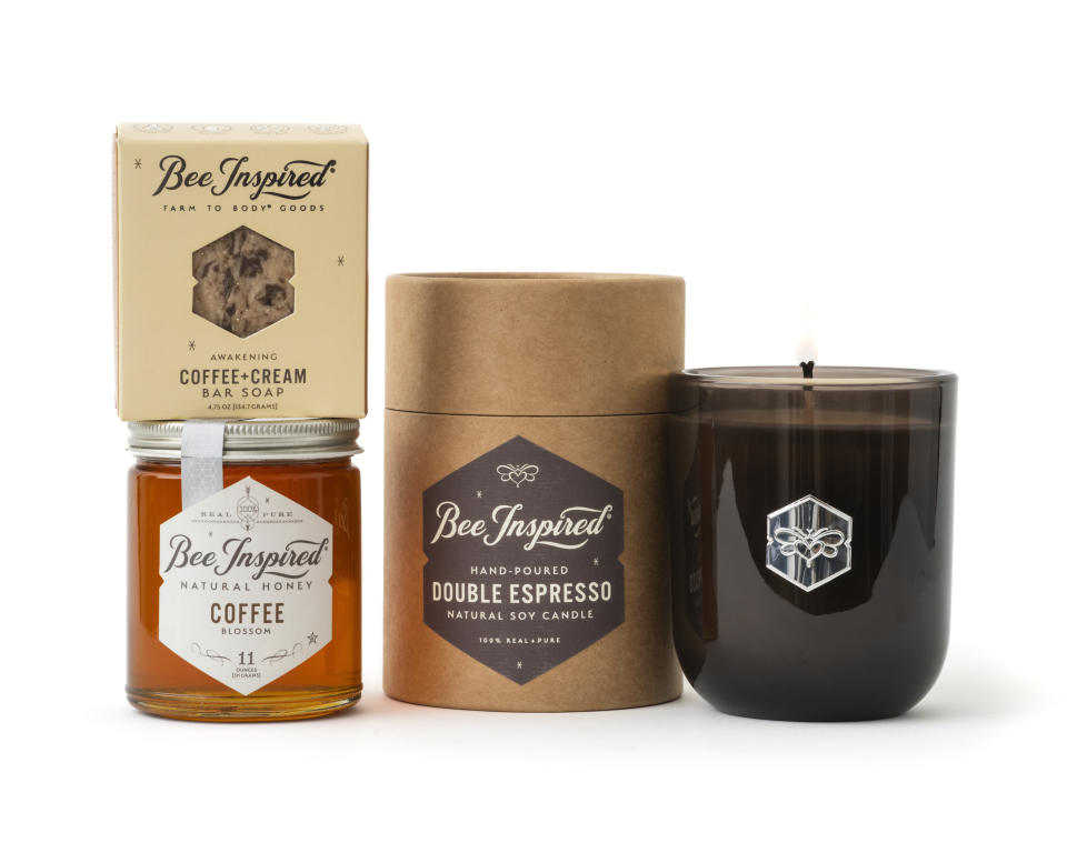 This photo provided by Bee Inspired shows the company's Wake Up Call gift box. It's a fun gift idea for coffee lovers: the goodies include coffee+cream bar soap, a jar of coffee flavored honey, and an espresso scented soy candle. (Bee Inspired via AP)