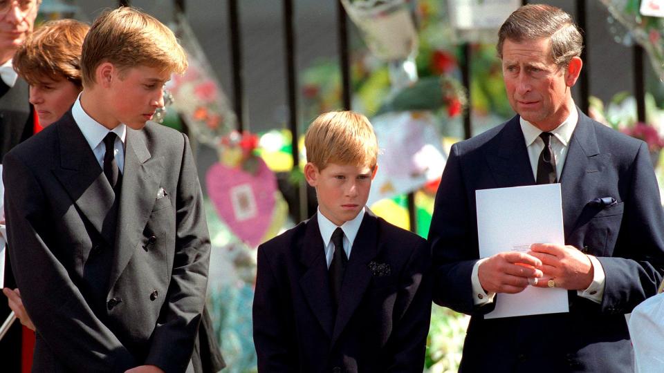 Prince William And Prince Harry With Prince Charles Holding A Funeral Programme  At Westminster Abbey For The Funeral Of Diana, Princess Of Wales