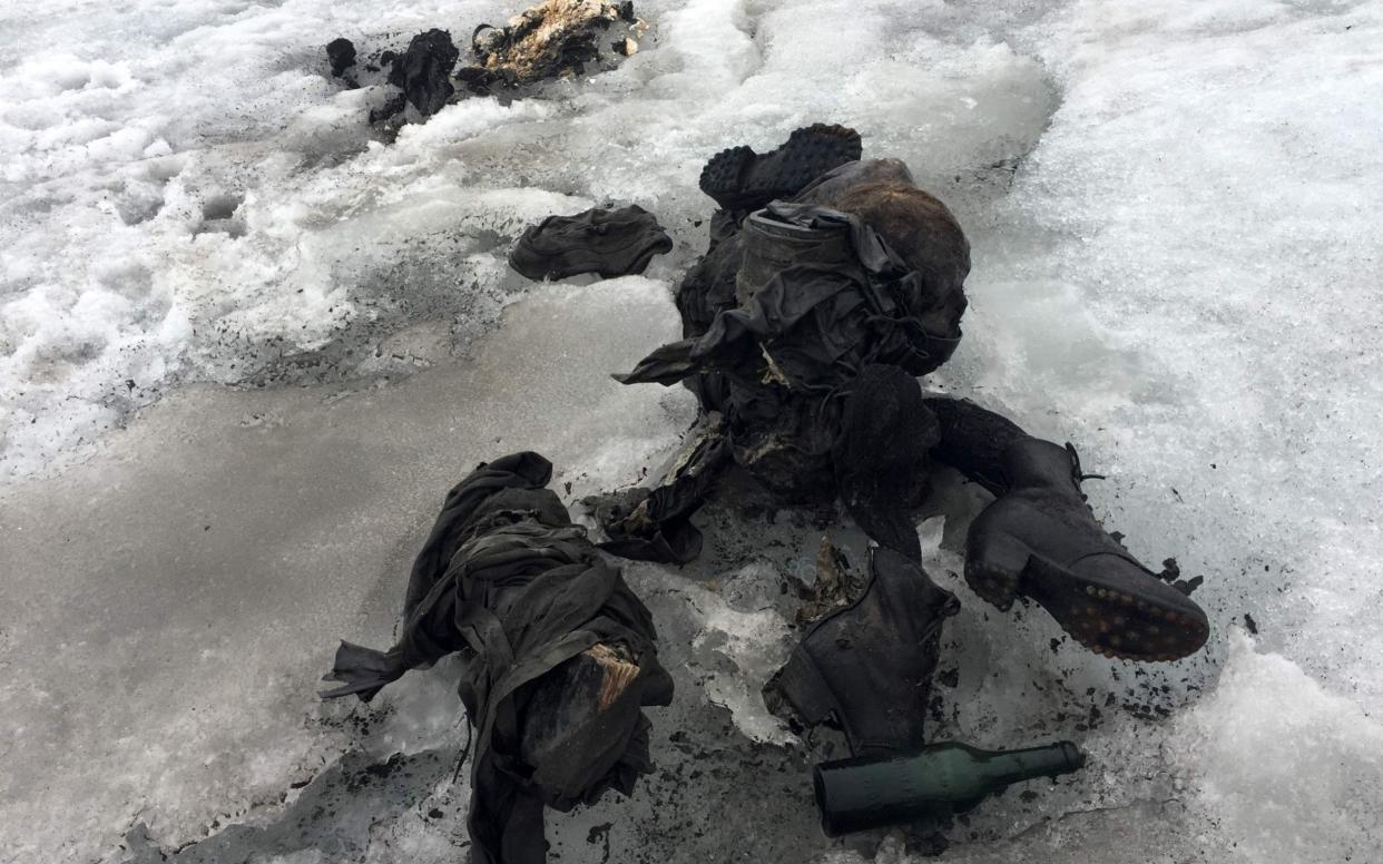  The mummified remains of a Swiss Couple (Marcelin and Francine Dumoulin) who went missing 75 years ago and who were found in a glacier in the Diablerets mountains, in southern Switzerland. The perfectly preserved bodies lay close to each other, with at their side backpacks, a bottle, a book and a watch. - AFP