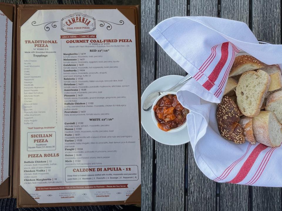 Campania menu and bread