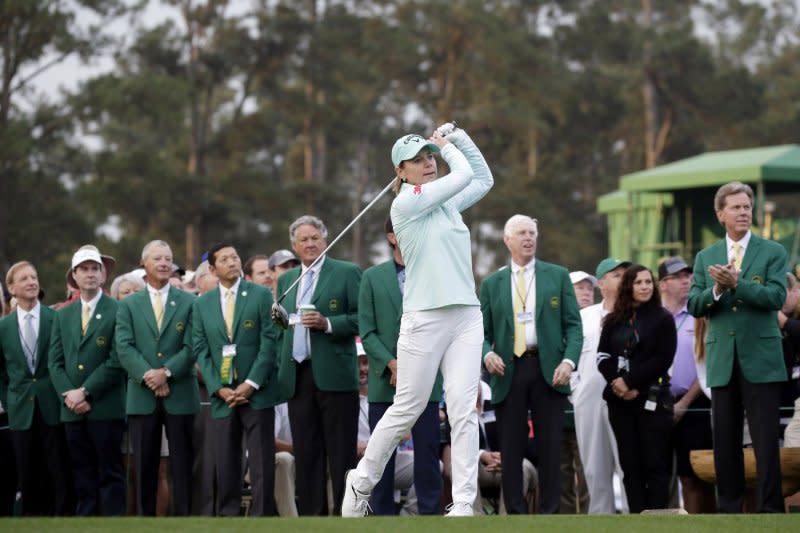 LPGA legend Annika Sorenstam hits a tee ball at a special first-tee ceremony to begin the final round of the inaugural Augusta National Women's Amateur at the Augusta National Golf Club in Georgia on April 6, 2019. The golfer turns 53 on October 9. File Photo by John Angelillo/UPI