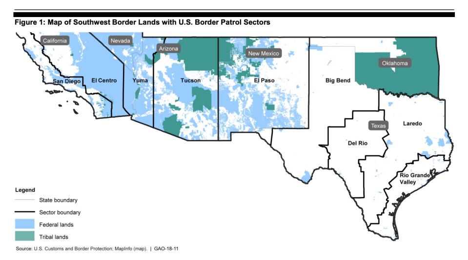 The CBP border sectors. (Source: GAO, October 2017 report)