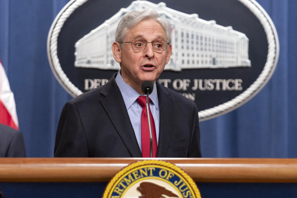 FILE - Attorney General Merrick Garland speaks during a news conference at Department of Justice headquarters in Washington, March 21, 2024. The Biden administration’s push to reclassify marijuana as a less-dangerous drug is going forward without the support of the nation’s premier narcotics agency. Newly released government records show the Drug Enforcement Administration requested more information on supporting science to reclassify marijuana but the Justice Department decided to move ahead without the drug agency’s signoff — an unprecedented omission. (AP Photo/Jose Luis Magana, File)