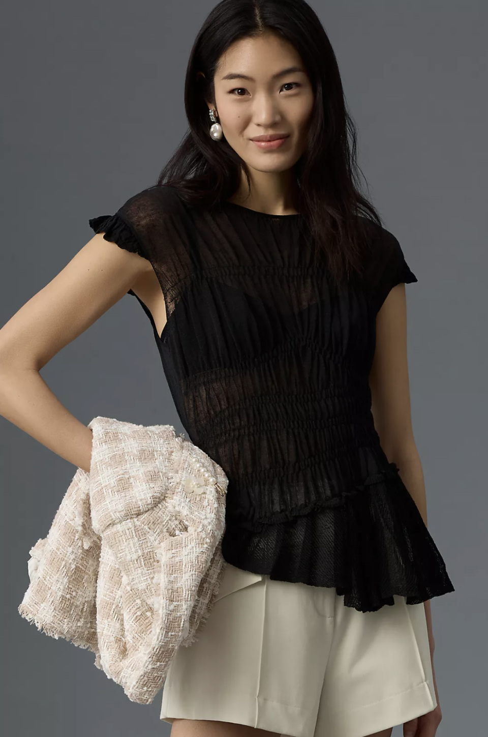 By Anthropologie Sheer Smocked Ruffled Asymmetrical Sweater Tank (Photo via Anthropologie)