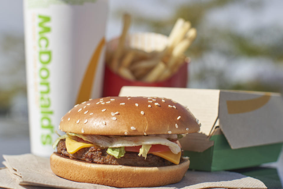 McDonalds new P.L.T. plant based burger is photographed outside of one of the companys test locations in London, Ontario on September 30, 2019. - The company is testing the new burger in 28 stores in Southern Ontario for the next 12 weeks. (Photo by Geoff Robins / AFP)        (Photo credit should read GEOFF ROBINS/AFP via Getty Images)