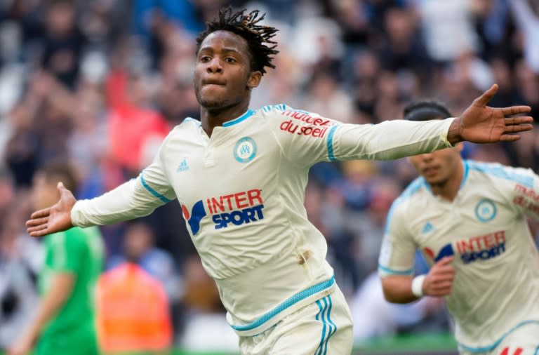 Marseille's Belgian forward Michy Batshuayi celebrates after scoring the equaliser goal during the French L1 match against Saint-Etienne at the Velodrome Stadium in Marseille, southern France, on February 21, 2016