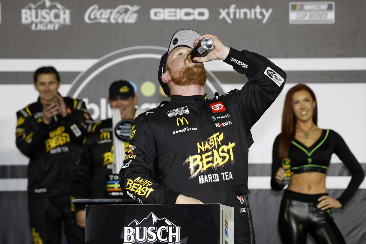 DAYTONA BEACH, FLORIDA - FEBRUARY 15: Tyler Reddick, driver of the #45 Nasty Beast Toyota, celebrates in victory lane after winning the NASCAR Cup Series Bluegreen Vacations Duel #2 at Daytona International Speedway on February 15, 2024 in Daytona Beach, Florida. (Photo by Chris Graythen/Getty Images)
