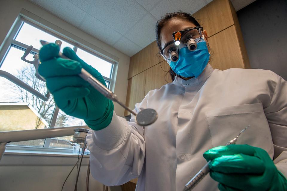 Dentist Shanti Kandala at the new Edward M. Kennedy Community Health Center in Milford, Feb. 7, 2024.