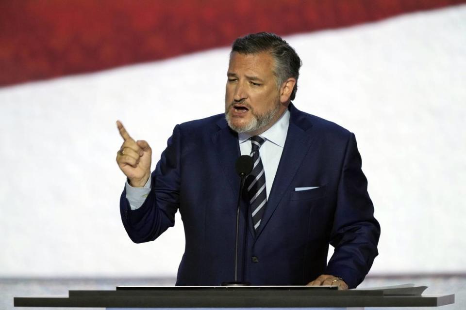 Jul 16, 2024; Milwaukee, WI, USA; Sen. Ted Cruz, R-Texas, delivers remarks during the second day of the Republican National Convention at the Fiserv Forum. The second day of the RNC focused on crime and border policies. Mandatory Credit: Jasper Colt-USA TODAY