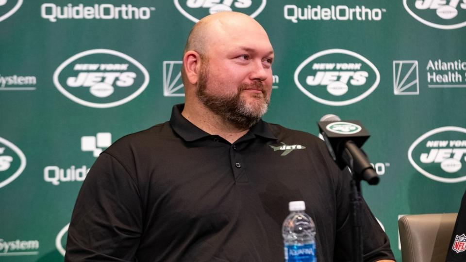 Apr 26, 2023; Florham Park, NJ, USA; New York Jets general manager Joe Douglas addresses the media during the introductory press conference for quarterback Aaron Rodgers (8) (not pictured) at Atlantic Health Jets Training Center.