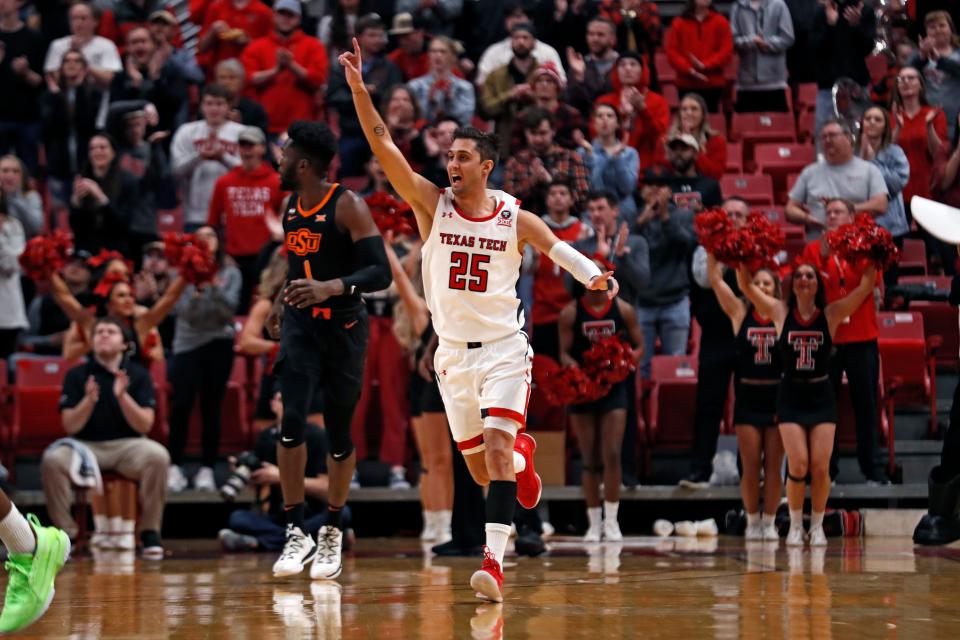Texas Tech's Davide Moretti (25) celebrates after scoring during the first half of an NCAA college basketball game against Oklahoma State, Saturday, Jan. 4, 2020, in Lubbock, Texas. (AP Photo/Brad Tollefson)