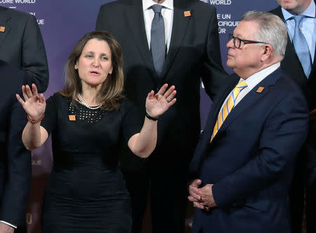 Canada's Minister of Foreign Affairs Chrystia Freeland and Canada's Minister of Public Safety Ralph Goodale wait to take a group photo on the second day of meetings for foreign ministers from G7 countries in Toronto, Ontario, Canada April 23, 2018. REUTERS/Fred Thornhill