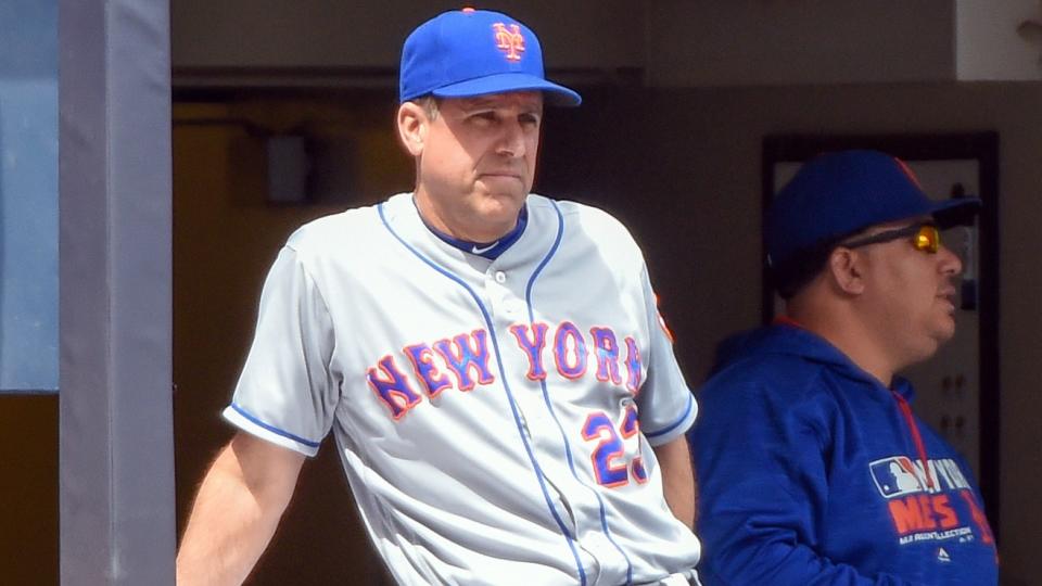 New York Mets bench coach Dick Scott manages the team after manager Terry Collin (not pictured) was taken to the hospital before the game against the Milwaukee Brewers due to an illness at Miller Park