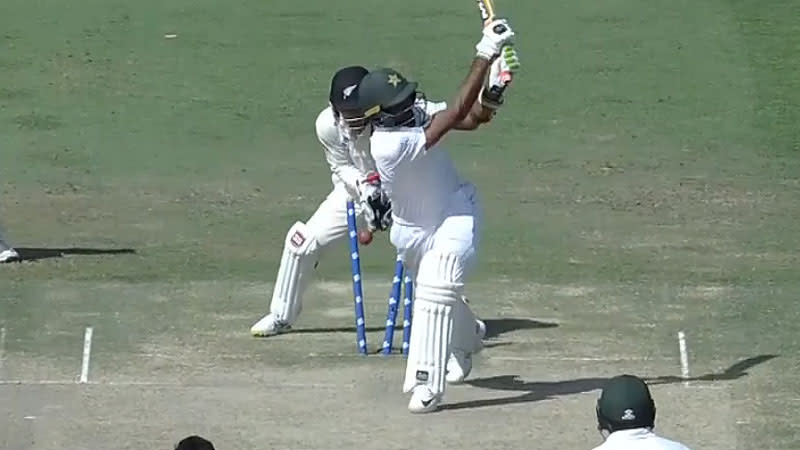 Balil Asif went for broke on just his second ball – with only 22 runs to win. Pic: Fox Sports